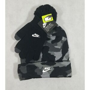 Nike‎ Big Boys Futura Camouflage Knit Beanie and Gloves 2 pc Set Black NWT